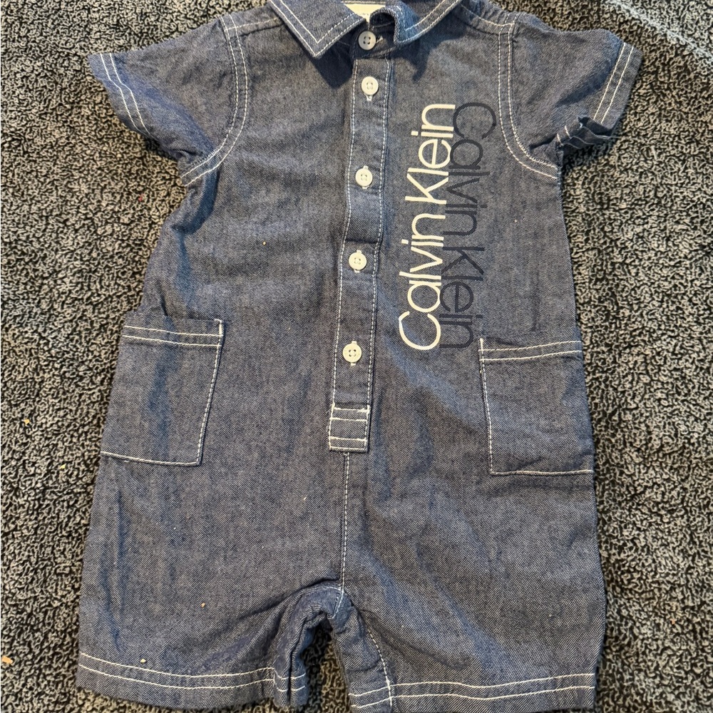 Calvin Klein Baby Boy Romper 12M Denim Logo Short Sleeve Button Up